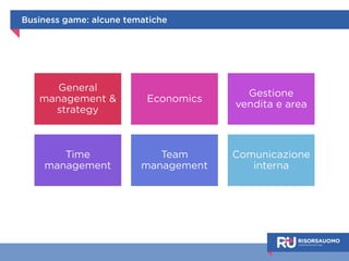 Serious game: alcune tematiche 
Time 
management 
People 
management 
Gestione del 
conto 
economico 
Store 
management 
Sales 
management 
 