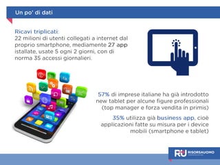 Un po’ di dati 
Ricavi triplicati: 
22 milioni di utenti collegati a internet dal 
proprio smartphone, mediamente 27 app 
istallate, usate 5 ogni 2 giorni, con di 
norma 35 accessi giornalieri. 
57% di imprese italiane ha già introdotto 
new tablet per alcune figure professionali 
(top manager e forza vendita in primis) 
35% utilizza già business app, cioè 
applicazioni fatte su misura per i device 
mobili (smartphone e tablet) 
 