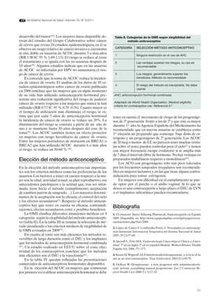 del Sistema Nacional de Salud. Volumen 35, Nº 3/2011




desarrollo del tumor(48). Los mejores datos disponible de-       Tabla II. Categorías de la OMS según elegibilidad del
rivan del estudio del Grupo Colaborativo sobre cáncer                      método anticonceptivo
de cérvix que revisa 24 estudios epidemiológicos, en él se
observa un riesgo relativo de cáncer invasivo y carcinoma        CATEGORÍA         SELECCIÓN MÉTOdO ANTICONCEPTIVO
in situ, doble en usuarias de ACOC durante 5 o mas años
                                                                 1                 Ninguna restricción en el uso de AHC
(RR 1.90 IC 95 % 1.69-2.13). El riesgo se reduce al cesar
el tratamiento y se iguala con las no usuarias después de        2                 Las ventajas superan los riesgos, su uso es
10 años(58). Algunos estudios indican que en las usuarias                           recomendable
de ACOC no infectadas por HPV no aumentaría el ries-
go de cáncer de cérvix.                                          3                 Los riesgos, generalmente superan los
    Es conocido que la toma de ACOC reduce la inciden-                             beneficios. Método no recomendable
cia de cáncer de ovario. El análisis de los datos de 45 es-
                                                                 4                 El riesgo del método es inaceptable. No debe
tudios epidemiológicos sobre cáncer de ovario publicado
                                                                                   usarse
en 2008 concluye que las mujeres que en algún momento
de su vida han utilizado anticoncepción hormonal pre-            AHC: anticoncepción hormonal combinada
sentan una reducción significativa del riesgo de padecer
cáncer de ovario respecto a las mujeres que nunca la han         Adaptado de World Health Organization. Medical eligibility
                                                                 criteria for contraceptive use. Referencia 57
utilizado (RR 0.73 IC 95 % 0.70 -0.76). Cuanto mayor es
el tiempo de utilización mas disminuye el riesgo, se es-
tima que por cada 5 años de anticoncepción hormonal             tener en cuenta el incremento de riesgo de los progestáge-
la incidencia de cáncer de ovario se reduce un 20%. La          nos de 3ª generación frente a los de 2ª y que este es mayor
disminución del riesgo se constata a partir de un año de        durante 1er año, la Agencia Española del Medicamento ha
uso y se mantiene hasta 30 años después del cese de la          recomendado que en nuevas usuarias se establezca como
toma(59). Los ACOC también tienen un efecto protector           1er elección un preparado que contenga baja dosis de es-
en mujeres con riesgo hereditario de cáncer de ovario.          trógeno y un progestágeno de 2ª generación. Los ACOC
Entre las mujeres portadores de mutación en BRCA1 o             de 20 mcg o menos de EE no parecen tener muchas venta-
BRCA2 que han utilizado ACOC durante 6 o más años               jas sobre el resto, pueden controlar peor el ciclo(2) y tienen
el riesgo se reduce un 50-60 % (60).                            con mayor frecuencia escape ovulatorio si se amplia más
                                                                de 7 días el intervalo libre de hormona. No hay ventajas en
Elección del método anticonceptivo                              preparados multifásicos respecto a monofásicos(63).
                                                                    Los ACO con progestágeno sólo son peor tolerados
En la elección del método anticonceptivo tan importan-          por los frecuentes sangrados irregulares, son recomenda-
tes son los criterios médicos como las preferencias de los      bles en mujeres lactantes y en las que tiene alguna contra-
usuarios. Los factores a tener en cuenta respecto a la mu-      indicación para tomar estrógenos.
jer son la edad, actividad sexual, su plan reproductivo, sus        En mujeres con dificultad en el cumplimiento se pue-
antecedentes patológicos y la actitud que, tras ser infor-      de optar por el parche o el anillo vaginal. Si lo que se
mada, tiene hacia el método (cumplimiento, aceptación           desea es una contracepción a largo plazo el DIU de LVN
de cambios patrón de sangrado…). Los mayores determi-           o el implantes subcutáneo pueden recomendarse.
nantes de la aceptación son la eficacia, el control del ciclo
y los efectos secundarios(2). Respecto al método anticon-
ceptivo hay que tener en cuenta su eficacia, contraindi-
caciones, efectos secundarios, coste y posibles beneficios.
                                                                Bibliografía
      La OMS clasifica diferentes situaciones médicas en 4      1. VI encuesta Bayer Schering Pharma de Anticoncepción en España
categorías según la elegibilidad del método anticoncepti-       2009. Disponible en: http://www.equipodaphne.es/scripts/pages/es/en-
vo (tabla II). En la tabla III se resume la selección de mé-    cuestas/index.php?list=2009
todo atendiendo a los criterios médicos de elegibilidad de      2. López de Castro F, Lombardía Prieto J. Novedades en anticoncep-
la OMS revisados en 2009(57).                                   ción hormonal. Información Terapéutica del Sistema Nacional de Salud
      En cuanto al coste son más eficientes los métodos re-     2005; 29 (3):57-68.
versibles de larga duración como el DIU y los implantes
                                                                3. Speroff L, Fritz MA. Endocrinología Ginecológica Clínica y Esteri-
que los métodos de anticoncepción hormonal combinada
                                                                lidad. 7º ed en inglés 2º ed en español.Madrid: Wolters Kluwer Health
(61)
    . Un estudio realizado en EEUU sobre el coste efec-         España SA, 2006; 371-373.
tividad de los contraceptivos concluye que los métodos
más eficientes son el DIU y la vasectomia(62).                  4. Keam SJ, Wagstaff AJ. Ethinylestradiol/drospirenone: a review of its
      En la tabla IV quedan reflejadas las presentaciones       use as an oral contraceptive. Treat Endocrinol. 2003;2(1):49-70
comerciales de anticonceptivos hormonales disponibles.          5. Oelkers W. Drospirenone a new progesten with antimineralcorti-
      En la elección del ACOC en mujeres que comienzan          coid activity ,resembling natural progesterone. Eur J Contracept Re-
por primera vez a utilizar anticoncepción hormonal se debe      prod Health Care 2000; 5 ( 3):17-24 .




                                                                                                                                   85
 