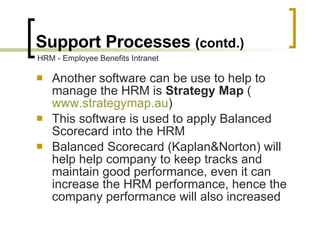 Support Processes  (contd.) Another software can be use to help to manage the HRM is  Strategy Map  ( www.strategymap.au ) This software is used to apply Balanced Scorecard into the HRM Balanced Scorecard (Kaplan&Norton) will help help company to keep tracks and maintain good performance, even it can increase the HRM performance, hence the company performance will also increased HRM - Employee Benefits Intranet 