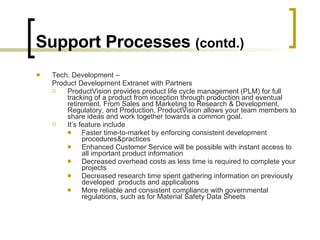 Support Processes  (contd.) Tech. Development –  Product Development Extranet with Partners ProductVision provides product life cycle management (PLM) for full tracking of a product from inception through production and eventual retirement. From Sales and Marketing to Research & Development, Regulatory, and Production, ProductVision allows your team members to share ideas and work together towards a common goal.  It’s feature include Faster time-to-market by enforcing consistent development procedures&practices Enhanced Customer Service will be possible with instant access to all important product information Decreased overhead costs as less time is required to complete your projects Decreased research time spent gathering information on previously developed  products and applications More reliable and consistent compliance with governmental regulations, such as for Material Safety Data Sheets 