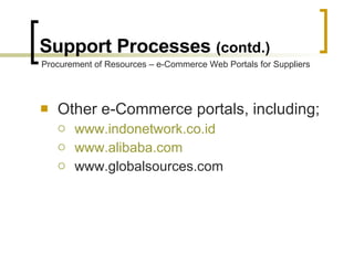 Support Processes  (contd.) Other e-Commerce portals, including; www.indonetwork.co.id www.alibaba.com www.globalsources.com Procurement of Resources – e-Commerce Web Portals for Suppliers 