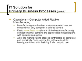 IT Solution for  Primary Business Processes  (contd.) Operations – Computer Aided Flexible Manufacturing Manufacturing now involves many automated task, so complex that only computer is able to solve it Festo ( www.festo.com ) is one of the best manufacturing components that combine the sophisticate industrial parts with complex computing All of the manufacturing process controllable by computer, and amazingly Festo provide the software in all it’s beauty, combined with flexibility & also easy to use 
