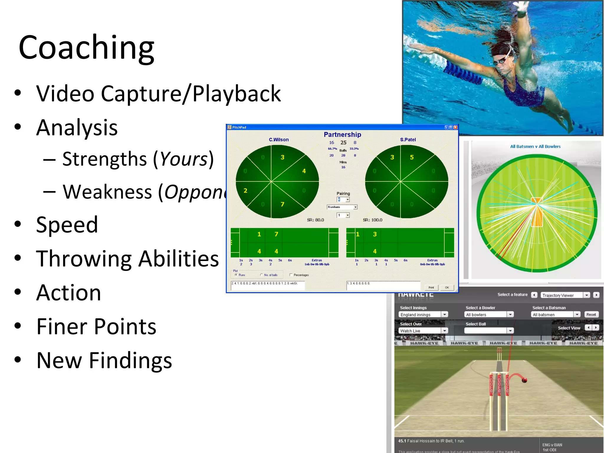 Coaching Video Capture/Playback Analysis Strengths ( Yours ) Weakness ( Opponent’s ) Speed Throwing Abilities Action Finer Points New Findings 