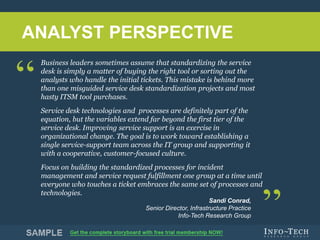 Info-Tech Research Group 2Info-Tech Research Group 2
Business leaders sometimes assume that standardizing the service
desk is simply a matter of buying the right tool or sorting out the
analysts who handle the initial tickets. This mistake is behind more
than one misguided service desk standardization projects and most
hasty ITSM tool purchases.
Service desk technologies and processes are definitely part of the
equation, but the variables extend far beyond the first tier of the
service desk. Improving service support is an exercise in
organizational change. The goal is to work toward establishing a
single service-support team across the IT group and supporting it
with a cooperative, customer-focused culture.
Focus on building the standardized processes for incident
management and service request fulfillment one group at a time until
everyone who touches a ticket embraces the same set of processes and
technologies.
Sandi Conrad,
Senior Director, Infrastructure Practice
Info-Tech Research Group
ANALYST PERSPECTIVE
 