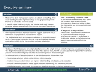 Info-Tech Research Group 4Info-Tech Research Group 4
Resolution
Situation
Complication
Executive summary
• Most service desk managers are worried about tools and staffing. They
never feel they have the right technology or enough people to provide
the level of service the business needs.
• If only the phone could stop ringing, the Service Desk could become
proactive, address service levels, and improve end-user IT satisfaction.
• Not everyone embraces their role in service support. Specialists would
rather work on projects than provide service support.
• The Service Desk lacks processes and workflows to provide consistent
service. Service desk managers struggle to set and meet service-level
expectations, which further compromises end-user satisfaction.
• Go beyond the blind adoption of best-practice frameworks. No simple formula exists for improving service desk maturity.
Use diagnostic tools to assess the current state of the Service Desk. Identify service support challenges and draw on best-
practice frameworks intelligently to build a structured response to those challenges.
• An effective Service Desk must be built on the right foundations. Understand how:
o Service desk structure affects cost and ticket volume capacity.
o Incident management workflows can improve ticket handling, prioritization, and escalation.
o Request fulfillment processes create opportunities for streamlining and automating services.
o Knowledge-sharing supports the processes and workflows essential to effective service support.
Don’t be fooled by a tool that’s new.
A new service desk tool alone won’t solve
the problem. Service desk maturity
improvements depend on putting in place
the right people and processes to support
the technology.
If they build it, they will come.
Service desk improvement is an exercise
in organizational change. Engage
specialists across the IT organization in
building the solution, and emphasize how
everyone stands to benefit from the
initiative.
 