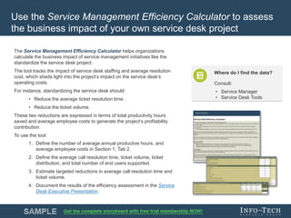 Info-Tech Research Group 8Info-Tech Research Group 8
Use the Service Management Efficiency Calculator to assess
the business impact of your own service desk project
The Service Management Efficiency Calculator helps organizations
calculate the business impact of service management initiatives like the
standardize the service desk project.
The tool tracks the impact of service desk staffing and average resolution
cost, which sheds light into the project’s impact on the service desk’s
operating costs.
For instance, standardizing the service desk should:
• Reduce the average ticket resolution time.
• Reduce the ticket volume.
These two reductions are expressed in terms of total productivity hours
saved and average employee costs to generate the project’s profitability
contribution.
To use the tool:
1. Define the number of average annual productive hours, and
average employee costs in Section 1, Tab 2.
2. Define the average call resolution time, ticket volume, ticket
distribution, and total number of end users supported.
3. Estimate targeted reductions in average call resolution time and
ticket volume.
4. Document the results of the efficiency assessment in the Service
Desk Executive Presentation.
Where do I find the data?
Consult:
• Service Manager
• Service Desk Tools
 