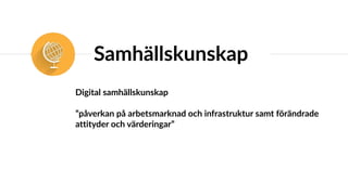 Samhällskunskap
Digital samhällskunskap
”påverkan på arbetsmarknad och infrastruktur samt förändrade
attityder och värderingar”
 