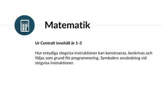 Matematik
Ur Centralt innehåll år 1-3
Hur entydiga stegvisa instruktioner kan konstrueras, beskrivas och
följas som grund för programmering. Symbolers användning vid
stegvisa instruktioner.
 