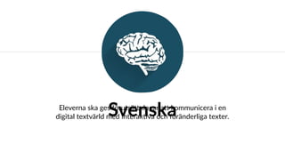 SvenskaEleverna ska ges förutsättningar att kommunicera i en
digital textvärld med interaktiva och föränderliga texter.
 