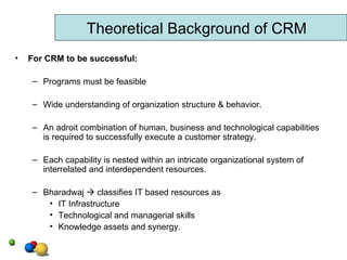 For CRM to be successful: Programs must be feasible Wide understanding of organization structure & behavior.  An adroit combination of human, business and technological capabilities is required to successfully execute a customer strategy.  Each capability is nested within an intricate organizational system of interrelated and interdependent resources.  Bharadwaj    classifies IT based resources as  IT Infrastructure Technological and managerial skills Knowledge assets and synergy. Theoretical Background of CRM 