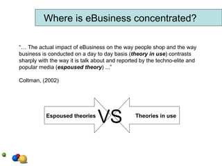 Where is eBusiness concentrated? “…  The actual impact of eBusiness on the way people shop and the way  business is conducted on a day to day basis ( theory in use ) contrasts  sharply with the way it is talk about and reported by the techno-elite and popular media ( espoused theory ) ...” Coltman, (2002) Espoused theories VS Theories in use 