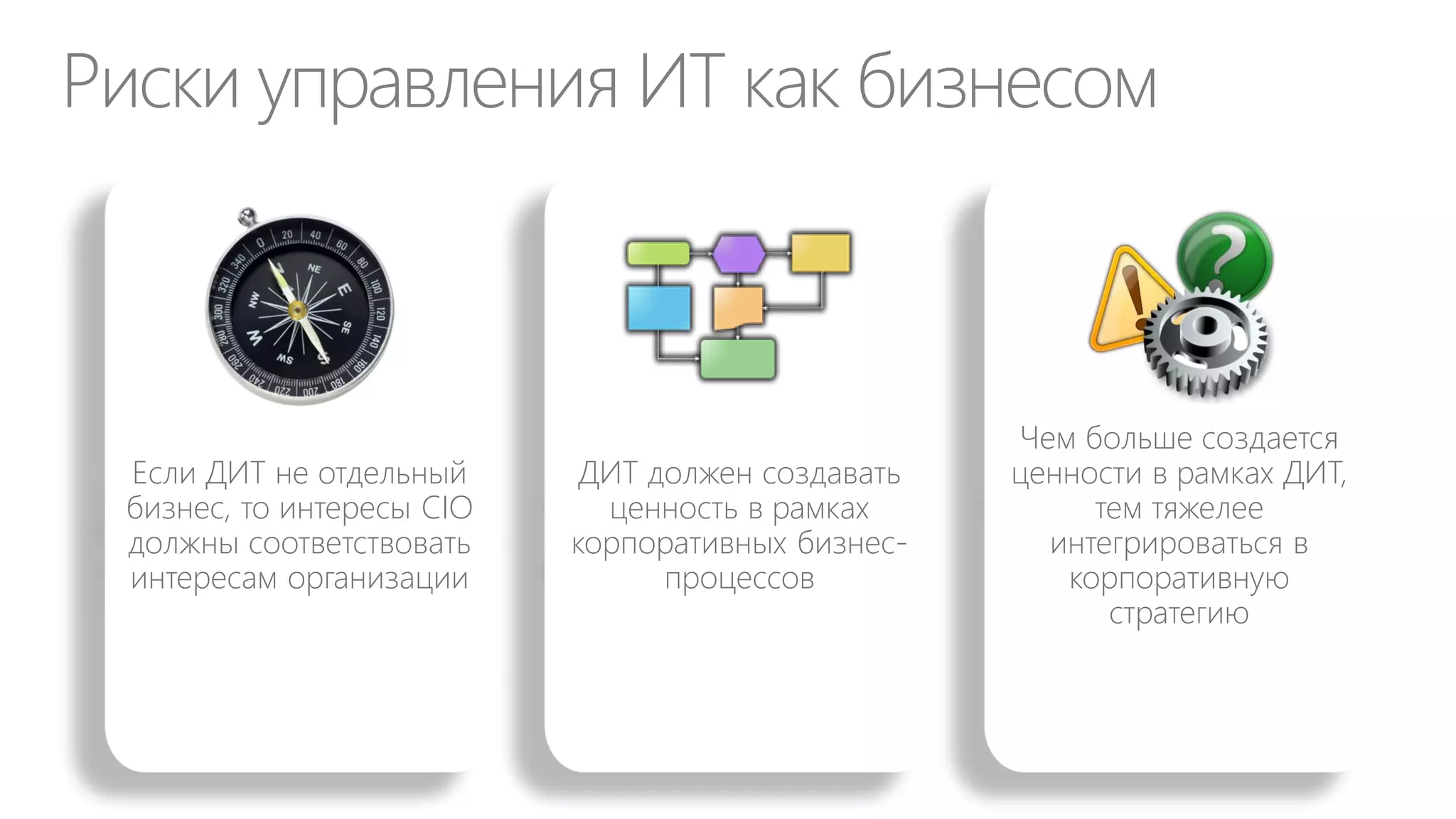 Задачи курса
Показать каким
образом можно
повысить
полезность ДИТ
для бизнеса

Показать
преимущества (и
недостатки)
методов
управления ДИТ
как бизнесподразделением

Описать ключевые
этапы перехода и
ключевые
инструменты

 