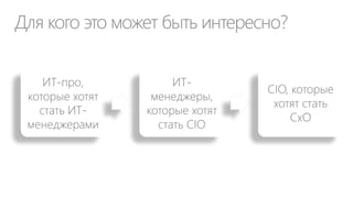 В чем ценность ДИТ для CxO?
CxO

Какую ценность вы для нас
создадите?
Для чего?
Как она относится к нашей
стратегии?

CIO

 