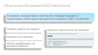Общие центры обслуживания (ОЦО, Shared Services)
В рамках холдинговых компаний стандартизация и
выделение некоторых процессов в рамках ОЦО позволяет:
Снизить затраты на процесс

Повысить его качество
Начать зарабатывать на
внешних клиентах

 