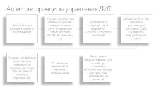 Accenture: принципы управления ДИТ
Централизация,
стандартизация и
консолидация.

Переменная рабочая
сила и низкая
стоимость ее
дислокации. Более
75% состава ИТ
является
переменной.

Сосредоточиться на
одном из пунктов:
одна глобальная
сеть, сокращение
числа центров
обработки данных и
т.д.

Соответствие
операционной
модели ИТ
рыночной стратегии
компании

Управление
навыками и
знаниями
сотрудниками

Важно иметь
документированную
и понятую
стратегию;
обеспечивает основу
для принятия
повседневных
решений.

Делаем в ИТ то, что
Accenture
рекомендует
клиентам: ОЦО,
аутсорсинг,
виртуализация,
облака…

 