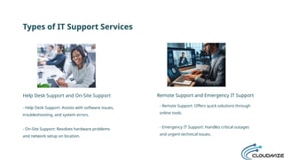 Types of IT Support Services
- Help Desk Support: Assists with software issues,
troubleshooting, and system errors.
- On-Site Support: Resolves hardware problems
and network setup on location.
- Remote Support: Offers quick solutions through
online tools.
- Emergency IT Support: Handles critical outages
and urgent technical issues.
Help Desk Support and On-Site Support Remote Support and Emergency IT Support
 