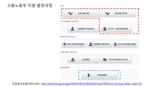 직업훈련포털(HRD Net): http://www.hrd.go.kr/jsp/HRDP/HRDP100/HRDP110/HRDP110_2List.jsp?dept_code=01
고용노동부 지원 훈련과정
 