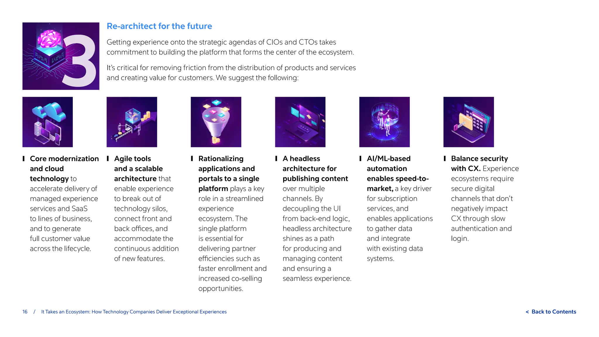 16 / It Takes an Ecosystem: How Technology Companies Deliver Exceptional Experiences  Back to Contents
Re-architect for the future
Getting experience onto the strategic agendas of CIOs and CTOs takes
commitment to building the platform that forms the center of the ecosystem.
It’s critical for removing friction from the distribution of products and services
and creating value for customers. We suggest the following:
	
❙ Core modernization
and cloud
technology to
accelerate delivery of
managed experience
services and SaaS
to lines of business,
and to generate
full customer value
across the lifecycle.
	
❙ Agile tools
and a scalable
architecture that
enable experience
to break out of
technology silos,
connect front and
back offices, and
accommodate the
continuous addition
of new features.
	
❙ Rationalizing
applications and
portals to a single
platform plays a key
role in a streamlined
experience
ecosystem.The
single platform
is essential for
delivering partner
efficiencies such as
faster enrollment and
increased co-selling
opportunities.
	
❙ A headless
architecture for
publishing content
over multiple
channels. By
decoupling the UI
from back-end logic,
headless architecture
shines as a path
for producing and
managing content
and ensuring a
seamless experience.
	
❙ AI/ML-based
automation
enables speed-to-
market, a key driver
for subscription
services, and
enables applications
to gather data
and integrate
with existing data
systems.
	
❙ Balance security
with CX. Experience
ecosystems require
secure digital
channels that don’t
negatively impact
CX through slow
authentication and
login.
3
 