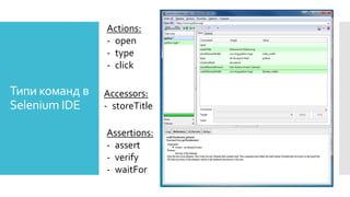 Типи команд в
Selenium IDE
Actions:
- open
- type
- click
Accessors:
- storeTitle
Assertions:
- assert
- verify
- waitFor
 