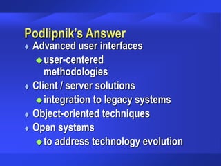 Podlipnik’s Answer
 Advanced user interfaces
user-centered
methodologies
 Client / server solutions
integration to legacy systems
 Object-oriented techniques
 Open systems
to address technology evolution
 