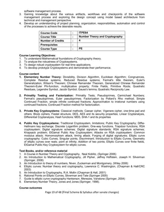 Page 19 of 48 (Final Scheme & Syllabus after senate changes)
software management process.
3. Gaining knowledge about the various artifacts, workflows and checkpoints of the software
management process and exploring the design concept using model based architecture from
technical and management perspective.
4. Develop an understanding of project planning, organization, responsibilities, automation and control
of the processes to achieve the desirable results.
Course Code : ITPE64
Course Title : Number Theory and Cryptography
Number of Credits : 4
Prerequisites :
Course Type : PE
Course Learning Objectives:
1. To understand Mathematical foundations of Cryptography theory.
2. To analyze the robustness of Cryptosystems.
3. To design robust cryptosystem for real time applications.
4. To develop prototype Cryptosystems and demonstrate their performance.
Course content
1. Elementary Number Theory: Divisibility, Division Algorithm, Euclidean Algorithm; Congruences,
Complete Residue systems, Reduced Residue systems; Fermat's little theorem, Euler's
Generalization, Wilson's Theorem; Chinese Remainder Theorem, Generalized Chinese Remainder
Theorem-Euler Phi-function, multiplicative property; Finite Fields, Primitive Roots; Quadratic
Residues, Legendre Symbol, Jacobi Symbol; Gauss's lemma, Quadratic Reciprocity Law.
2. Primality Testing and Factorization: Primality Tests; Pseudoprimes, Carmichael Numbers;
Fermat’s pseudoprimes, Euler pseudoprimes; Factorization by Pollard’s Rho method; Simple
Continued Fraction, simple infinite continued fractions; Approximation to irrational numbers using
continued fractions; Continued Fraction method for factorization.
3. Private Key Cryptosystems: Classical methods: Caesar cipher, Vigenere cipher, one-time pad and
others; Block ciphers, Fiestel structure, DES, AES and its security properties; Linear Cryptanalysis,
Differential Cryptanalysis; Hash functions: MD5, SHA-1 and its properties
4. Public Key Cryptosystems: Traditional Cryptosystem, limitations; Public Key Cryptography; Diffie-
Hellmann key exchange; Discrete Logarithm problem; One-way functions, Trapdoor functions; RSA
cryptosystem; Digital signature schemes; Digital signature standards; RSA signature schemes;
Knapsack problem; ElGamal Public Key Cryptosystem; Attacks on RSA cryptosystem: Common
modulus attack; Homomorphism attack, timing attack; Forging of digital signatures; Elliptic curve
cryptography: Cubic Curves, Singular points, Discriminant; Introduction to Elliptic Curves, Geometry
of elliptic curves over reals; point at infinity; Addition of two points; Elliptic Curves over finite fields,
ElGamal Public Key Cryptosystem for elliptic curves.
Text Books, and/or reference material
1. A Course in Number Theory and Cryptography, Neal Koblitz, (Springer 2006)
2. An Introduction to Mathematical Cryptography, Jill Pipher, Jeffrey Hoffstein, Joseph H. Silverman
(Springer, 2008)
3. An Introduction to theory of numbers, Niven, Zuckerman and Montgomery, (Wiley 2006)
4. Elliptic curves: Number theory and cryptography, Lawrence C. Washington, (Chapman & Hall/CRC
2003)
5. An Introduction to Cryptography, R.A. Mollin (Chapman & Hall, 2001)
6. Rational Points on Elliptic Curves, Silverman and Tate (Springer 2005)
7. Guide to elliptic curve cryptography Hankerson, Menezes, Vanstone (Springer, 2004)
8. Elementary Number Theory, Jones and Jones (Springer, 1998).
Course outcomes
 
