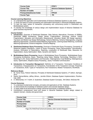 Page 29 of 48 (Final Scheme & Syllabus after senate changes)
Course Code : ITPE71
Course Title : Advance Database Systems
Number of Credits : 3
Prerequisites(Course Code) : ITPC25
Course Type : PE
Course Learning Objectives
1. To understand the application and fundamentals of Advance Database Systems in real- world.
2. To study the basics of query processing and optimization techniques in Advanced Database systems.
3. To lean the basic issues of transaction processing and concurrency control in Distributed and
Multidatabase system.
4. To develop the knowledge of various design and implementation issues of Advance Database for
given business requirement.
Course Content
1. Introduction: Overview of Distributed Database, Data Delivery Alternatives, Promises of DDBSs,
Distributed DBMS Architecture, Design Issues, Fragmentation: Horizontal, Vertical, Hybrid
Fragmentation, Allocation and Information Requirements, Allocation Model, DD Design approach:
Top-down and Bottom-Up Design Methodology, Schema Matching, Schema Heterogeneity, Linguistic
Matching Approaches, Constraint-based Matching Approaches, Learning-based Matching, Combined
Matching Approaches, Schema Integration, Schema Mapping.
2. Distributed Database Query Processing: Overview of Distributed Query Processing, Complexity of
Relational Algebra Operations, Layers of Query Processing, Query Decomposition: Normalization,
Analysis, Elimination of Redundancy, Rewriting, Localization of Distributed Data, Reduction for
fragmentation, Query Optimization: Static, Dynamic and Hybrid,
3. Multidatabase Query Processing: Issues in Multidatabase Query Processing , Multidatabase Query
Processing Architecture, Query Rewriting Using Views, Datalog Terminology, Rewriting in GAV,
Rewriting in LAV, Query Optimization and Execution, Heterogeneous Cost Modeling, Heterogeneous
Query Optimization, Adaptive Query Processing , Query Translation and Execution.
4. Introduction to Transaction Management: Definition of a Transaction, Termination Conditions of
Transactions, Characterization of Transactions, Formalization of the Transaction Concept, Properties
of Transactions, ACID, Types of Transactions, Flat Transactions, Nested Transactions, Workflows.
Reference Books
1. M. Tamer Özsu, Patrick Valduriez, Principles of Distributed Database Systems, 3rd
edition, Springer,
2012.
2. Hector Garcia-Molina, Jeffrey Ullman,, Jennifer Widom, Database System Implementation, Prentice-
Hall, 2000.
3. A. Silberschatz, H. F. Korth, S. Sudarshan, Database System Concepts,. 5th Edition. McGraw‐Hill.
Course Outcomes
1. To understand fundamental concepts, principles and applications of Adv. Database Systems.
2. To demonstrate the knowledge of database system and evaluate Database design.
3. To apply state-of-art techniques to design advanced techniques in Database Systems.
4. Comprehend contemporary trend and issues in Advance Database System design related to
research domain, industry and government.
Course Code : ITPE73
Course Title : Service Oriented Architecture (SOA)
Number of Credits : 4
Prerequisites : ITPC27
Course Type : PE
 