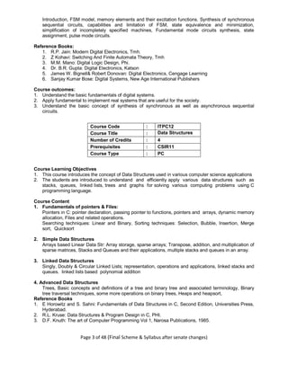 Page 3 of 48 (Final Scheme & Syllabus after senate changes)
Introduction, FSM model, memory elements and their excitation functions. Synthesis of synchronous
sequential circuits, capabilities and limitation of FSM, state equivalence and minimization,
simplification of incompletely specified machines, Fundamental mode circuits synthesis, state
assignment, pulse mode circuits.
Reference Books:
1. R.P. Jain: Modern Digital Electronics, Tmh.
2. Z Kohavi: Switching And Finite Automata Theory, Tmh
3. M.M. Mano: Digital Logic Design, Phi.
4. Dr. B.R. Gupta: Digital Electronics, Katson
5. James W. Bignell& Robert Donovan: Digital Electronics, Cengage Learning
6. Sanjay Kumar Bose: Digital Systems, New Age International Publishers
Course outcomes:
1. Understand the basic fundamentals of digital systems.
2. Apply fundamental to implement real systems that are useful for the society.
3. Understand the basic concept of synthesis of synchronous as well as asynchronous sequential
circuits.
Course Code : ITPC12
Course Title : Data Structures
Number of Credits : 4
Prerequisites : CSIR11
Course Type : PC
Course Learning Objectives
1. This course introduces the concept of Data Structures used in various computer science applications
2. The students are introduced to understand and efficiently apply various data structures such as
stacks, queues, linked lists, trees and graphs for solving various computing problems using C
programming language.
Course Content
1. Fundamentals of pointers & Files:
Pointers in C: pointer declaration, passing pointer to functions, pointers and arrays, dynamic memory
allocation, Files and related operations.
Searching techniques: Linear and Binary, Sorting techniques: Selection, Bubble, Insertion, Merge
sort, Quicksort
2. Simple Data Structures
Arrays based Linear Data Str: Array storage, sparse arrays; Transpose, addition, and multiplication of
sparse matrices, Stacks and Queues and their applications, multiple stacks and queues in an array.
3. Linked Data Structures
Singly, Doubly & Circular Linked Lists; representation, operations and applications, linked stacks and
queues. linked lists based polynomial addition
4. Advanced Data Structures
Trees, Basic concepts and definitions of a tree and binary tree and associated terminology, Binary
tree traversal techniques, some more operations on binary trees, Heaps and heapsort,
Reference Books
1. E Horowitz and S. Sahni: Fundamentals of Data Structures in C, Second Edition, Universities Press,
Hyderabad.
2. R.L. Kruse: Data Structures & Program Design in C, PHI.
3. D.F. Knuth: The art of Computer Programming Vol 1, Narosa Publications, 1985.
 
