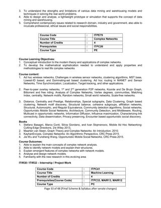 Page 33 of 48 (Final Scheme & Syllabus after senate changes)
3. To understand the strengths and limitations of various data mining and warehousing models and
techniques in solving the real world problems.
4. Able to design and analyse, a lightweight prototype or simulation that supports the concept of data
mining and warehousing.
5. Comprehend contemporary issues related to research domain, industry and government, also able to
inculcate professional, ethical issues and social responsibilities.
Course Code : ITPE79
Course Title : Complex Networks
Number of Credits : 4
Prerequisites : ITPC26
Course Type : PE
Course Learning Objectives:
1. Conceptual introduction to the modern theory and applications of complex networks.
2. To develop the mathematical sophistication needed to understand and apply properties and
methodologies to real life complex networks
Course content:
1. Ad hoc wireless networks, Challenges in wireless sensor networks, clustering algorithms, MST base,
Lowest-ID based, and Dominating-set based clustering, Ad hoc routing in MANET and Sensor
Networks, Time Synchronization, Localization, Target tracking, and other applications.
2. Peer-to-peer overlay networks, 1st
and 2nd
generation P2P networks, Koorde and De Bruijn Graph,
Bittorrent and free riding. Analysis of Complex Networks, Vertex degrees, communities, Matching
Index, centrality, Network motifs, Random networks, Small world networks, Scale-free networks.
3. Distance, Centrality and Prestige, Relationships, Special subgraphs, Data Clustering, Graph based
clustering, Network motif discovery, Structural balance, cohesive subgroups, affiliation networks,
Structural, Automorphic, and Regular Equivalence, Community detection algorithms, Social networks,
Opportunistic Mobile Social Networks, Architecture, Community Detection, and Middleware, Routing,
Multicast in opportunistic networks, Information Diffusion, Influence maximization, Characterizing link
connectivity, Data dissemination, Privacy preserving, Encounter based opportunistic social discovery.
Books
1. Stefano Basagni, Marco Conti, Silvia Giordano, and Ivan Stojmenovic, Mobile Ad Hoc Networking:
Cutting Edge Directions, 2/e Wiley 2013.
2. Maarten van Steen, Graph Theory and Complex Networks: An Introduction, 2010.
3. KayhanErciyes, Complex Networks: An Algorithmic Perspective, CRC Press 2015.
4. Jie Wu and Yunsheng Wang, Opportunistic Mobile Social Networks, CRC Press 2015.
Course Outcomes:
1. Able to explain the main concepts of complex network analysis.
2. Able to identify network models and explain their structures.
3. Explain emergent features of complex networks with network models.
4. Analyse and design network models.
5. Familiarity with the new research in this evolving area
ITIR30 / ITIR32 – Internship / Project Work
Course Code : ITPC41
Course Title : Machine Learning
Number of Credits : 4
Prerequisites(Course Code) : ITPC33, MAIR13, MAIR12
Course Type : PC
 