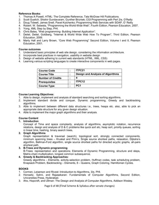 Page 6 of 48 (Final Scheme & Syllabus after senate changes)
Reference Books:
1. Thomas A Powell, HTML: The Complete Reference, Tata McGraw Hill Publications.
2. Scott Guelich, Shishir Gundavaram, Gunther Birzniek; CGI Programming with Perl 2/e, O’Reilly
3. Doug Tidwell, James Snell, Pavel Kulchenko; Programming Web Services with SOAP, O’ Reilly
4. Robert. W. Sebesta, "Programming the World Wide Web", Fourth Edition, Pearson Education, 2007.
5. Yong, XML Step by Step, PHI.
6. Chris Bales, “Web programming- Building Internet Application”.
7. Deitel, Deitel, Goldberg, "Internet & World Wide Web How To Program", Third Edition, Pearson
Education, 2006.
8. Marty Hall and Larry Brown, “Core Web Programming” Second Edition, Volume I and II, Pearson
Education, 2001.
Course outcomes
1. Understand basic principles of web site design, considering the information architecture.
2. Incorporate best practices in navigation, usability in website design
3. Design of website adhering to current web standards (HTML, XML, CSS)
4. Learning various scripting languages to create interactive components in web pages.
Course Code : ITPC21
Course Title : Design and Analysis of Algorithms
Number of Credits : 4
Prerequisites : ITPC12
Course Type : PC1
Course Learning Objectives:
1. Able to design, implement and analysis of standard searching and sorting algorithms.
2. Implement standard divide and conquer, Dynamic programming, Greedy and backtracking
algorithms.
3. Able to implement between different data structures i.e., trees, heaps etc. also, able to pick an
appropriate data structure for any given design situation.
4. Able to implement the major graph algorithms and their analysis.
Course Content
1. Introduction
Concept of Time and space complexity, analysis of algorithms, asymptotic notation, recurrence
relations, design and analysis of D & C problems like quick sort etc, heap sort, priority queues, sorting
in linear time, hashing, binary search trees,
2. Graph Algorithms
Graph representation & traversal (search), topological sort, strongly connected components,
minimum spanning trees – Kruskal and Prim’s, Single source shortest paths, relaxation, Dijkstra’s
algorithm, Bellman-Ford algorithm, single source shortest paths for directed acyclic graphs, all-pairs
shortest path.
3. B-Trees and Dynamic programming
B-Trees: representation and operations; Elements of Dynamic Programming, structure and steps,
Matrix-chain multiplication, longest common subsequence,
4. Greedy & Backtracking Approaches:
Greedy algorithms – Elements, activity-selection problem, Huffman codes, task scheduling problem,
Knapsack Problem, Backtracking – Elements, 8 – Queens, Graph Coloring, Hamiltonian Cycles.
BOOKS
1. Cormen, Leiserson and Rivest: Introduction to Algorithms, 3/e, PHI.
2. Horowitz, Sahni, and Rajasekaran: Fundamentals of Computer Algorithms, Second Edition,
Universities Press, Hyderabad.
3. Aho, Hopcroft, and Ullman: The Design and Analysis of Computer Algorithms, Addison Wesley.
 