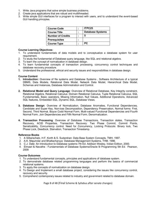 Page 8 of 48 (Final Scheme & Syllabus after senate changes)
1. Write Java programs that solve simple business problems.
2. Create java applications that are robust and multithreaded.
3. Write simple GUI interfaces for a program to interact with users, and to understand the event-based
GUI handling principles.
Course Code : ITPC25
Course Title : Database Systems
Number of Credits : 5
Prerequisites :
Course Type : PC
Course Learning Objectives:
1. To understand fundamentals of data models and to conceptualize a database system for user
requirement.
2. To study the fundamental of Database query language, like SQL and relational algebra.
3. To learn the concept of normalization in database design.
4. To learn fundamental concepts of transaction processing, concurrency control techniques and
database recovery procedure.
5. Understand the professional, ethical and security issues and responsibilities in database design.
Course Content
1. Introduction: Overview of file systems and Database Systems , Software Architecture of a typical
DBMS, Data Models, Relational Data Model, Network Data Model, Hierarchical Data Model,
Schemas and Instances, Database Administration and Control.
2. Relational Model and Query Language: Overview of Relational Database, Key Integrity constraint,
Relational Algebra, Relational Calculus: Domain Relational Calculus, Tuple Relational Calculus, SQL
Fundamentals, Basic operators, Missing Information, Null Values, Additional Operations, Advanced
SQL features, Embedded SQL, Dynamic SQL, Database Views.
3. Database Design: Overview of Normalization, Database Anomalies, Functional Dependencies,
Candidate and Super Key, Non-loss Decomposition, Dependency Preservation, Normal forms: First,
Second, Third Normal, Boyce Codd Normal Form, Multi-valued Functional Dependencies and Fourth
Normal Form, Join Dependencies and Fifth Normal Form, Denormalization.
4. Transaction Processing: Overview of Database Transactions, Transaction states, Transaction
Recovery, ACID Properties, Transaction Recovery: Two Phase Commit, Commit Points,
Serializability, Concurrency control: Need for Concurrency, Locking Protocols: Binary lock, Two
Phase Lock, Deadlock, Starvation, Transaction Timestamp.
Reference Books
1. A Silberschatz, H.F. Korth & S. Sudarshan: Data Base System Concepts, TMH, 1997.
2. A.K. Majumdar and Bhattacharyya: Database Management Systems, THM, 1996.
3. C.J. Date: An Introduction to Database systems 7th Ed. Addison Wesley, Indian Edition, 2000.
4. Elmasri & Navathe : Fundamentals of Database Systems/Oracle 9i Programming 5th Ed. Pearson,
2009
Course Outcomes
1. To understand fundamental concepts, principles and applications of database system.
2. To demonstrate database related programming languages and perform the basics of commercial
relational systems.
3. To apply the concepts of normalization on database design.
4. To Design and Implement a small database project, considering the issues like concurrency control,
recovery and security.
5. Comprehend contemporary issues related to industry and government related to database domain.
 