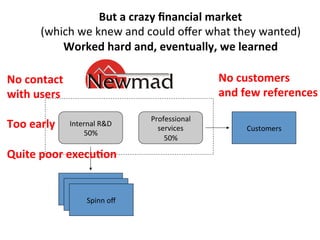 But	
  a	
  crazy	
  ﬁnancial	
  market	
  
          (which	
  we	
  knew	
  and	
  could	
  oﬀer	
  what	
  they	
  wanted)	
  
              Worked	
  hard	
  and,	
  eventually,	
  we	
  learned	
  

No	
  contact	
  	
                                              No	
  customers	
  	
  
with	
  users	
                                                  and	
  few	
  references	
  
	
  
                                          Professional	
  	
  
Too	
  early	
   Internal	
  R&D	
          services	
                  Customers	
  
                      50%	
  
	
                                            50%	
  

Quite	
  poor	
  execu9on	
  

                   Produktbolag	
  
                    Produktbolag	
  
                        Spinn	
  oﬀ	
  
 