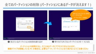 勉強用資料 | インストールは自己責任で
全てのパーティションの削除 (パーティションにあるデータが消えます！)
「割り当てられてないない領域」
を 1 つだけにする
※ ドライブが 1 つの場合
パーティションを削除すると、そこにあるデータにアクセスできなくなります。
複数ドライブを搭載している PC の場合は、必要なデータ / パーティションまで消さないようご注意ください
 