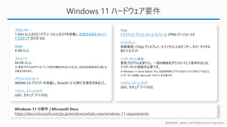 勉強用資料 | 確実に内容が保証されるものではありません
Windows 11 ハードウェア要件
プロセッサー :
1 GHz 以上のスピードで 2 つ以上のコアを搭載し 互換性のある 64 ビッ
トプロセッサ または SoC
RAM:
4 GB 以上
ストレージ :
64 GB 以上。
※ 更新プログラムをダウンロードして特定の機能を有効にするには、追加の記憶領域が必要にな
る場合があります。
グラフィックス カード :
WDDM 2.0 ドライバーを搭載し、DirectX 12 以降と互換性があること。
システム ファームウェア:
UEFI、セキュア ブート対応
TPM :
トラステッド プラットフォーム モジュール (TPM) バージョン 2.0
ディスプレイ :
高解像度 (720p) ディスプレイ、9 インチ以上のモニター、カラー チャネル
あたり 8 ビット
インターネット接続 :
更新プログラムを実行し、一部の機能をダウンロードして使用するには、
インターネット接続が必要です。
※ Windows 11 Home Edition では、初回使用時にデバイスのセットアップを完了するには、
インターネット接続と Microsoft アカウントが必要です。
システム ファームウェア:
UEFI、セキュア ブート対応
Windows 11 の要件 | Microsoft Docs
https://docs.microsoft.com/ja-jp/windows/whats-new/windows-11-requirements
 