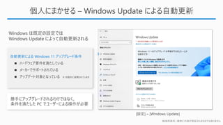 勉強用資料 | 確実に内容が保証されるものではありません
個人にまかせる – Windows Update による自動更新
自動更新による Windows 11 アップグレード条件
◼ ハードウェア要件を満たしている
◼ メーカーでサポートされている
◼ アップデート対象となっている ※ 段階的に展開されています
 