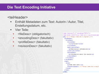 Die Text Encoding Initiative
<teiHeader>


Enthält Metadaten zum Text: Autorin / Autor, Titel,
Erstellungsdatum, etc.
Vier Teile:







<fileDesc> (obligatorisch)
<encodingDesc> (fakultativ)
<profileDesc> (fakultativ)
<revisionDesc> (fakultativ)

 