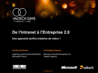 De l’Intranet à l’Entreprise 2.0
Une approche (enfin) créatrice de valeur !



Cécilia de Rovère                  Christophe Gazeau

Ingénieur avant-vente SharePoint   Directeur Conseil Entreprise 2.0
Microsoft France                   Valtech Agency




                                   © Valtech 2011
 