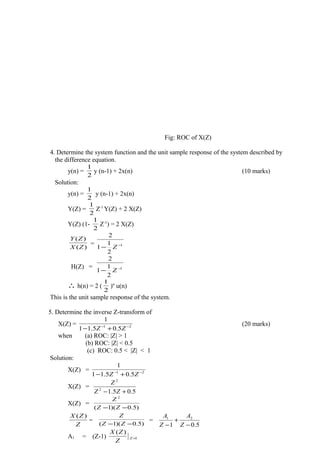Fig: ROC of X(Z)
4. Determine the system function and the unit sample response of the system described by
the difference equation.
y(n) =
2
1
y (n-1) + 2x(n) (10 marks)
Solution:
y(n) =
2
1
y (n-1) + 2x(n)
Y(Z) =
2
1
Z-1
Y(Z) + 2 X(Z)
Y(Z) (1-
2
1
Z-1
) = 2 X(Z)
)(
)(
ZX
ZY
= 1
2
1
1
2
−
− Z
H(Z) = 1
2
1
1
2
−
− Z
∴ h(n) = 2 (
2
1
)n
u(n)
This is the unit sample response of the system.
5. Determine the inverse Z-transform of
X(Z) = 21
5.05.11
1
−−
+− ZZ
(20 marks)
when (a) ROC: |Z| > 1
(b) ROC: |Z| < 0.5
(c) ROC: 0.5 < |Z| < 1
Solution:
X(Z) = 21
5.05.11
1
−−
+− ZZ
X(Z) =
5.05.12
2
+− ZZ
Z
X(Z) =
)5.0)(1(
2
−− ZZ
Z
Z
ZX )(
=
)5.0)(1( −− ZZ
Z
=
5.01
21
−
+
− Z
A
Z
A
A1 = (Z-1) 1
)(
=Z
Z
ZX
 