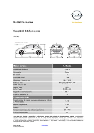 Media Information
Adam Opel AG media.opel.it
D-65423 Rüsselsheim
Nuova ADAM S: Scheda tecnica
ADAM S
Motore benzina 1.4 Turbo
Conformità emissioni EURO6
Carburante Super
N° cilindri 4
Cilindrata in cm3 1364
Alesaggio / corsa in mm 72,5 / 82,6
Potenza max.
in kW (CV) / a giri
110 (150) / 5.000-5.500
Coppia max.
in Nm / a giri
220 /
3.000-4.500
Rapporto di compressione 9,5 : 1
Capacità serbatoio in l 35
Peso e carico in kg
Peso in ordine di marcia compreso conducente (riferito
a 70/156/CEE)
1.178
Massa complessiva 1.565
Portata 387
Carico massimo assale, anteriore/posteriore 875 / 700
Carico massimo tetto 50
Tutti i dati sono soggetti a modifiche e si riferiscono al modello base europeo con equipaggiamento di serie. Equipaggiamento
aggiuntiv o può comportare leggeri aumenti del peso del v eicolo in ordine di marcia e, in alcuni casi, aumentarne il peso complessiv o,
modif icare il carico massimo consentito e, conseguentemente, ridurre il carico utile e il carico trainabile permesso. Il peso del v eicolo in ordine
di marcia dei modelli Opel comprende un peso di 68 kg per il guidatore e 7 kg di bagagli. Il carico utile si rif erisce esclusiv amente al peso dei
passeggeri e/o del carico, senza guidatore.
 