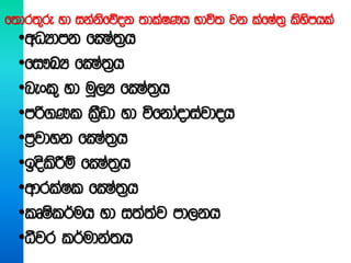 •wOHdmk fCIa;%h
•fi!LH fCIa;%h
•nexl= yd uQ,H fCIa;%h
•mß.Kl lS%vd yd úfkdaodiajdoh
•m%jdyk fCIa;%h
•boslsÍï fCIa;%h
•wdrlaIl fCIa;%h
•lDIsl¾uh yd i;a;aj md,kh
•ëjr l¾udka;h
f;dr;=re yd ikaksfõok ;dlaIKh Ndú; jk lafIa;% lsysmhla
 