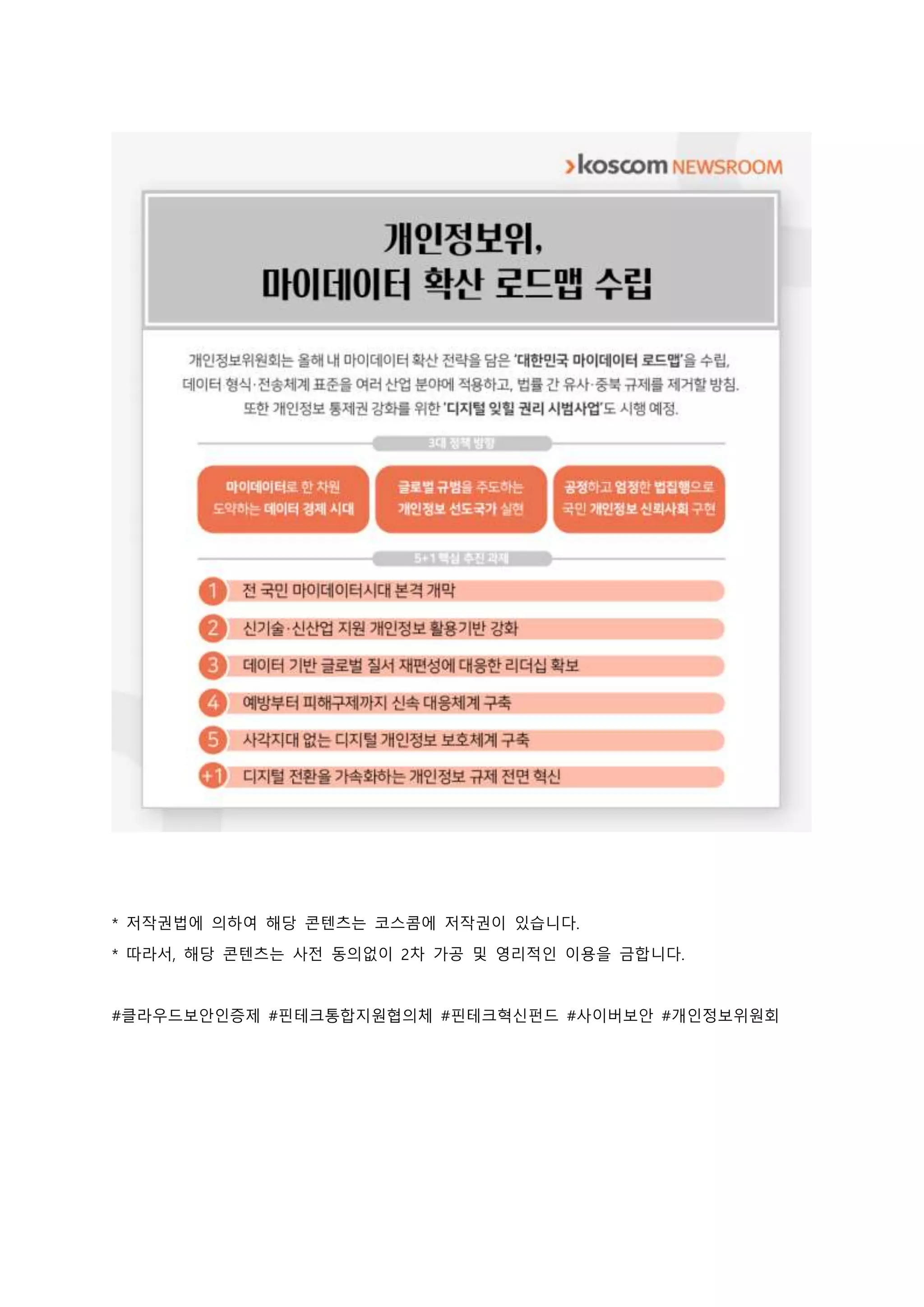 * 저작권법에 의하여 해당 콘텐츠는 코스콤에 저작권이 있습니다.
* 따라서, 해당 콘텐츠는 사전 동의없이 2차 가공 및 영리적인 이용을 금합니다.
#클라우드보안인증제 #핀테크통합지원협의체 #핀테크혁신펀드 #사이버보안 #개인정보위원회
 