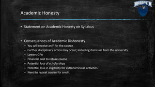 Academic Honesty
▪ Statement on Academic Honesty on Syllabus
▪ Consequences of Academic Dishonesty
– You will receive an F for the course
– Further disciplinary action may occur; including dismissal from the university
– Lowers GPA
– Financial cost to retake course
– Potential loss of scholarships
– Potential loss in eligibility for extracurricular activities
– Need to repeat course for credit
 