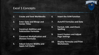 Excel 1 Concepts
1. Create and Save Workbooks
2. Enter Data and Merge and
Center Titles
3. Construct Addition and
Subtraction Formulas
4. Construct Multiplication and
Division Formulas
5. Adjust Column Widths and
Apply Cell Styles
6. Insert the SUM function
7. AutoFill Formulas and Data
8. Format, Edit, and Check
Spelling
9. Insert Footers and Adjust
Page Settings
10. Display Formulas and Print
Worksheets
 