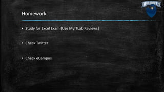Homework
▪ Study for Excel Exam [Use MyITLab Reviews]
▪ Check Twitter
▪ Check eCampus
 