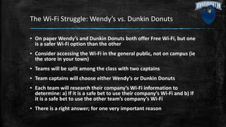 The Wi-Fi Struggle: Wendy’s vs. Dunkin Donuts
▪ On paper Wendy’s and Dunkin Donuts both offer Free Wi-Fi, but one
is a safer Wi-Fi option than the other
▪ Consider accessing the Wi-Fi in the general public, not on campus (ie
the store in your town)
▪ Teams will be split among the class with two captains
▪ Team captains will choose either Wendy’s or Dunkin Donuts
▪ Each team will research their company’s Wi-Fi information to
determine: a) If it is a safe bet to use their company’s Wi-Fi and b) If
it is a safe bet to use the other team’s company’s Wi-Fi
▪ There is a right answer; for one very important reason
 