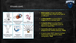 Viruses cont.
▪ Boot-sector viruses are often
transmitted by a flash drive left in
a USB port.
▪ A time bomb is a virus that is
triggered on a certain date.
▪ A macro virus is a virus that is
attached to documents such as
Word or Excel files.
▪ Currently, there are no antivirus
programs for mobile devices. False
▪ A worm does NOT require human
interaction to spread to other
computers. True
 