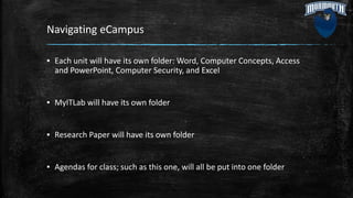 Navigating eCampus
▪ Each unit will have its own folder: Word, Computer Concepts, Access
and PowerPoint, Computer Security, and Excel
▪ MyITLab will have its own folder
▪ Research Paper will have its own folder
▪ Agendas for class; such as this one, will all be put into one folder
 