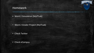 Homework
▪ Word 2 Simulation [MyITLab]
▪ Word 2 Grader Project [MyITLab]
▪ Check Twitter
▪ Check eCampus
 