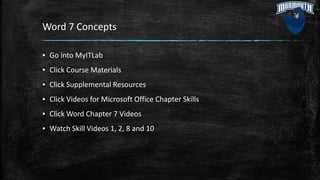 Word 7 Concepts
▪ Go into MyITLab
▪ Click Course Materials
▪ Click Supplemental Resources
▪ Click Videos for Microsoft Office Chapter Skills
▪ Click Word Chapter 7 Videos
▪ Watch Skill Videos 1, 2, 8 and 10
 