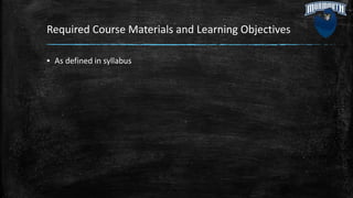 Required Course Materials and Learning Objectives
▪ As defined in syllabus
 
